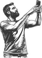 man taking selfie photo on smartphone with poses with engraving style black color only vector