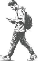 man walking while playing on smartphone full body with engraving style black color only vector