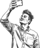 man taking selfie photo on smartphone with poses with engraving style black color only vector