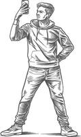 man taking selfie photo on smartphone with poses with engraving style black color only vector