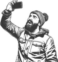 man taking selfie photo on smartphone with poses with engraving style black color only vector