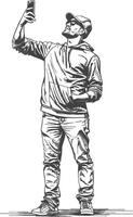 man taking selfie photo on smartphone with poses with engraving style black color only vector