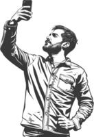 man taking selfie photo on smartphone with poses with engraving style black color only vector