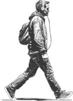 man walking while listening to headset full body with engraving style black color only vector