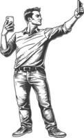man taking selfie photo on smartphone with poses with engraving style black color only vector