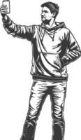 man taking selfie photo on smartphone with poses with engraving style black color only vector