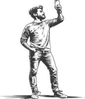 man taking selfie photo on smartphone with poses with engraving style black color only vector