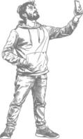 man taking selfie photo on smartphone with poses with engraving style black color only vector