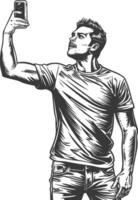 man taking selfie photo on smartphone with poses with engraving style black color only vector