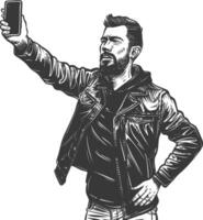 man taking selfie photo on smartphone with poses with engraving style black color only vector