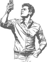 man taking selfie photo on smartphone with poses with engraving style black color only vector