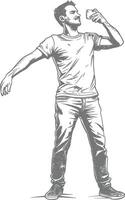 man taking selfie photo on smartphone with poses with engraving style black color only vector