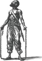 man slave with shackle full body with engraving style black color only vector