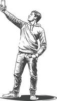 man taking selfie photo on smartphone with poses with engraving style black color only vector
