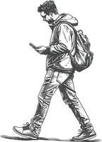 man walking while playing on smartphone full body with engraving style black color only vector
