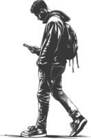 man walking while playing on smartphone full body with engraving style black color only vector