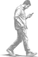 man walking while playing on smartphone full body with engraving style black color only vector