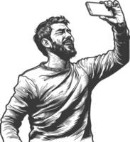 man taking selfie photo on smartphone with poses with engraving style black color only vector