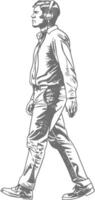 man walking while listening to headset full body with engraving style black color only vector