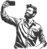 man taking selfie photo on smartphone with poses with engraving style black color only vector