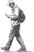man walking while playing on smartphone full body with engraving style black color only vector