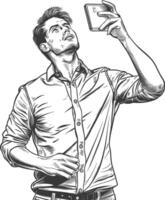 man taking selfie photo on smartphone with poses with engraving style black color only vector