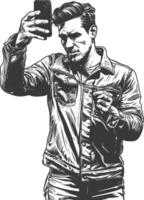 man taking selfie photo on smartphone with poses with engraving style black color only vector