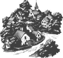 village with engraving style black color only vector