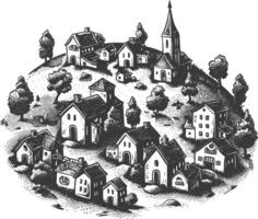 village with engraving style black color only vector