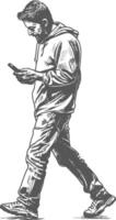 man walking while playing on smartphone full body with engraving style black color only vector