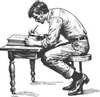 man writing on the book sitting on the desk with engraving style black color only vector
