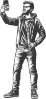 man taking selfie photo on smartphone with poses with engraving style black color only vector