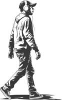 man walking while listening to headset full body with engraving style black color only vector