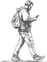 man walking while playing on smartphone full body with engraving style black color only vector
