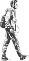man walking while listening to headset full body with engraving style black color only vector