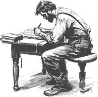 man writing on the book sitting on the desk with engraving style black color only vector