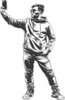 man taking selfie photo on smartphone with poses with engraving style black color only vector