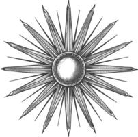 vintage sunburst with engraving style black color only vector