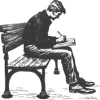 man writing on the book sitting on the park bench with engraving style black color only vector