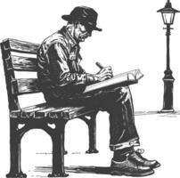 man writing on the book sitting on the park bench with engraving style black color only vector