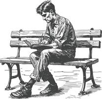 man writing on the book sitting on the park bench with engraving style black color only vector