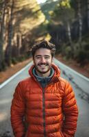 A cheerful man in an orange jacket stands on a road amidst lush greenery photo