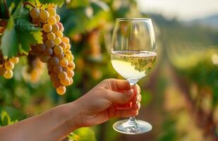 A womans hand delicately holds a glass of white wine amidst lush vineyard grapes photo