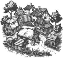 village with engraving style black color only vector