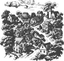 village with engraving style black color only vector