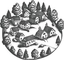 village with engraving style black color only vector