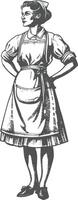 woman in apron with engraving style black color only vector