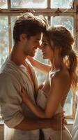 Young couple embracing and laughing in an empty new apartment, symbolizing excitement and new beginnings in real estate photo