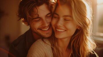 Young couple embracing and laughing in an empty new apartment, symbolizing excitement and new beginnings in real estate photo