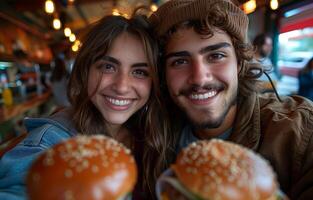 Young couple taking a selfie, enjoying burgers and beer at a restaurant, capturing a fun moment together photo